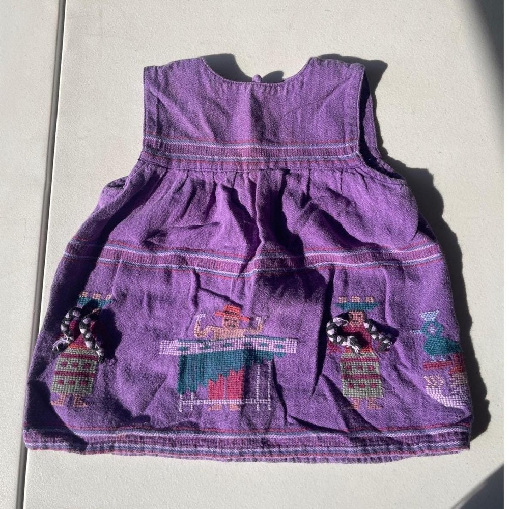 Vintage Handmade Guatemalan Purple Cotton Baby Dress Embroidered Figures Size 2